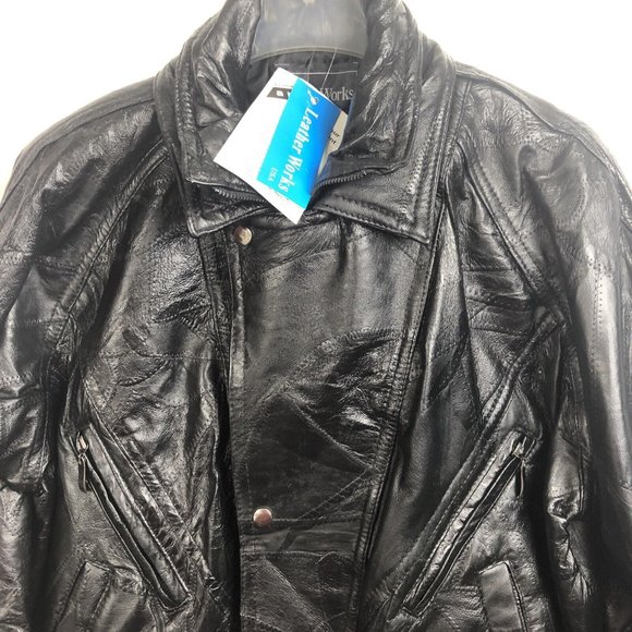 Leather Works U.S.A Made Vintage Black Genuine Patchwork Jacket Coat Mens Size S - Picture 2 of 14